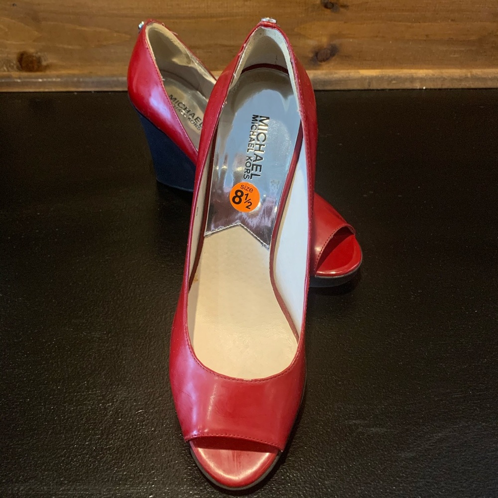 Michael Kors -Red Patent Leather Peep Toe Wedges